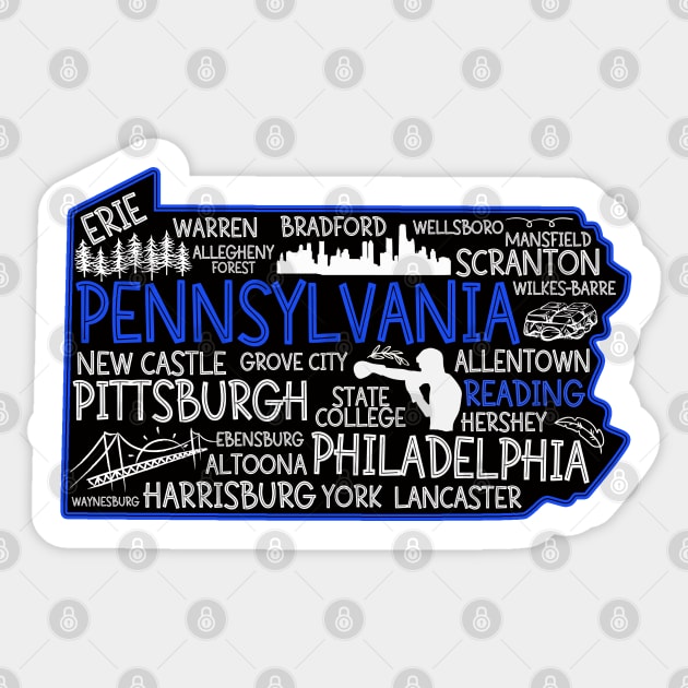 Reading Pennsylvania cute map, Erie, Bethlehem, Scranton, Lancaster, Levittown, Harrisburg Sticker by BoogieCreates